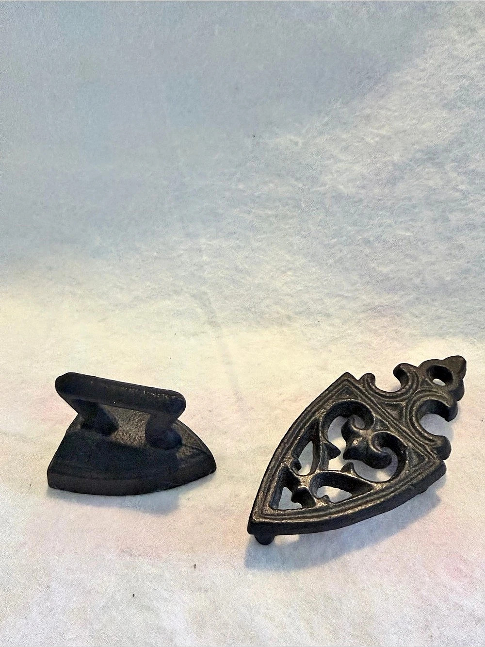 Vintage Miniature Cast Iron Sad Iron with Trivet Decor Set